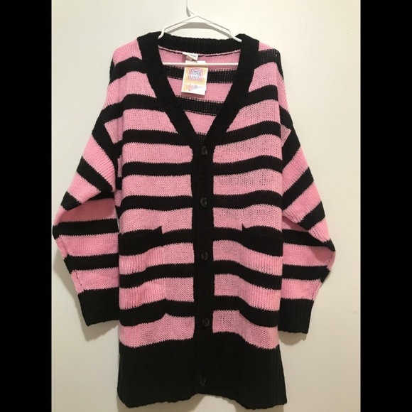 Lularoe Stripe Lucille Cardigan Button Pink/Black - Picture 13 of 13